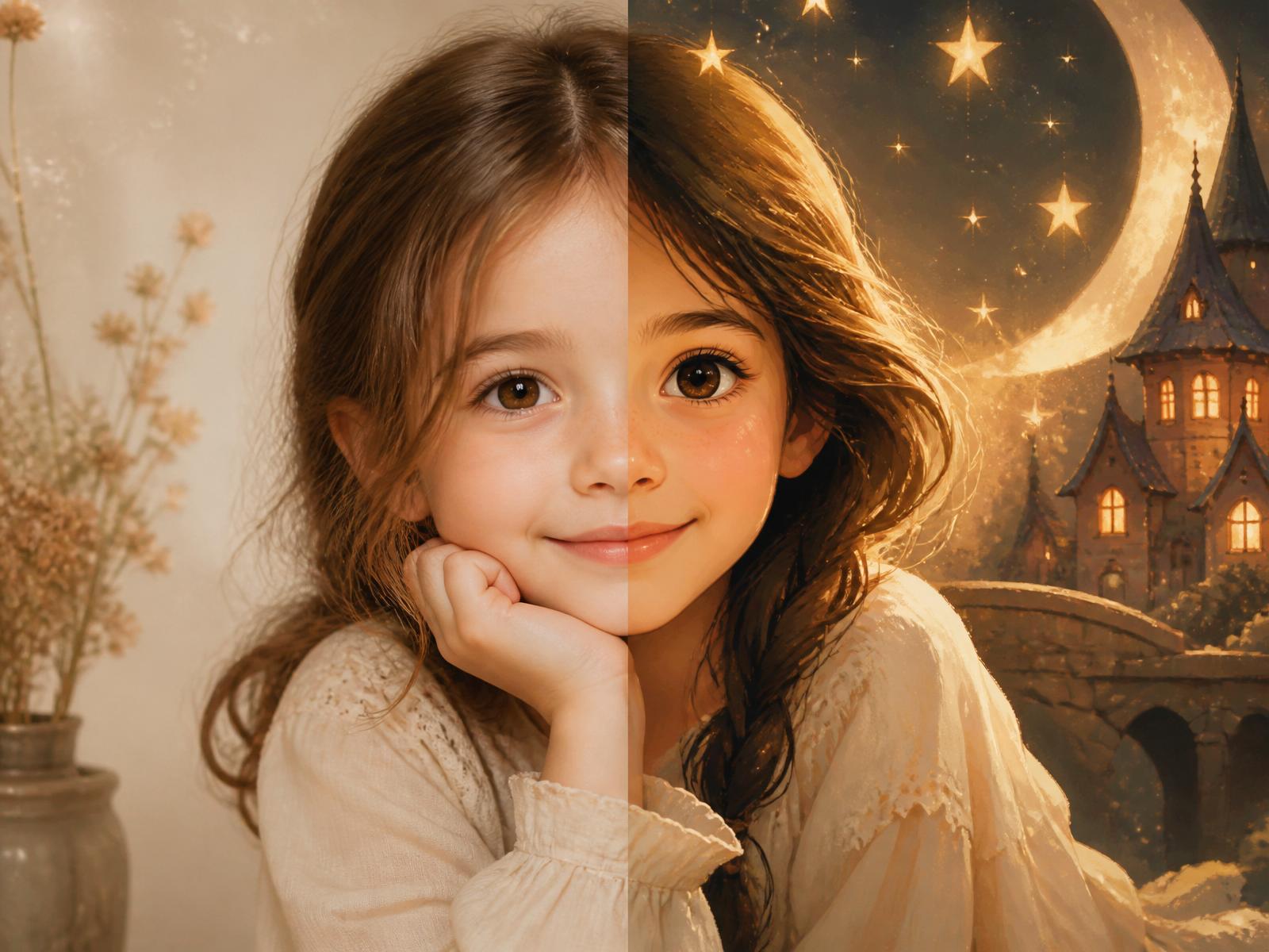 Foto real de una niña transformándose en la ilustración de un cuento premium